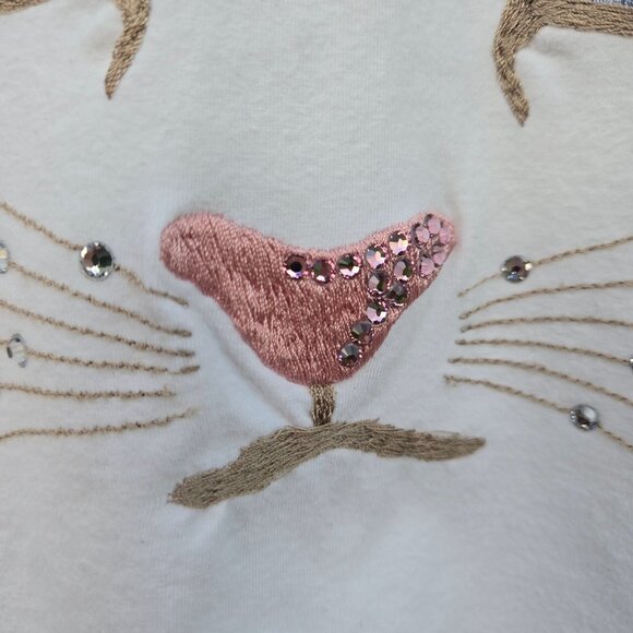 Vintage 80s Cat Face Tank Top size M Embroidered Rhinestone White V Neck - Picture 3 of 7